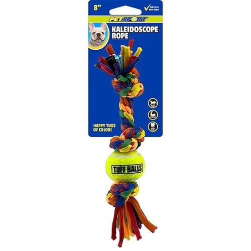 PetSport Kaleidoskop-Seil, 3 Knoten, mit 3,8 cm Tennisball, 20,3 cm, Kau- und Seilspielzeug für Hunde, perfekt für Tauziehen, leuchtende Regenbogenfarben, strapazierfähiges und dehnbares von PetSport