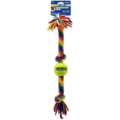 PetSport Kaleidoskop-Seil, groß, 3 Knoten, mit 6,3 cm Tennisball, 53,3 cm, Hunde-Kau- und Seilspielzeug, perfekt für Tauziehen, leuchtende Regenbogenfarben, strapazierfähiges und dehnbares von PetSport