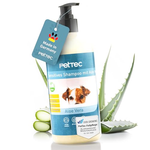 PetTec® - Hundeshampoo sensitiv mit Aloe Vera 500ml Pumpflasche - pH neutrales (7) & rückfettendes Shampoo für alle Hunderassen - Fellpflege Hund Paraben-, Silikon- & Duftstofffrei - Dog shampoo vegan von PetTec
