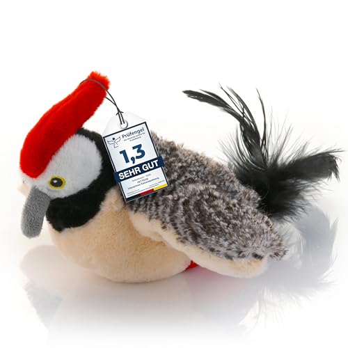 PetTec - Plush Toy Specht Katzenspielzeug interaktiv zur Selbstbeschäftigung - Plüschtier Katze beweglich & mit USB-C aufladbar inkl. Katzenminze - Weckt Jagdinstinkt mit Piepton & Flügelschlag von PetTec