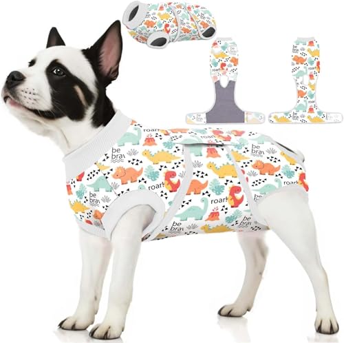 PetWarm Chirurgie-Shirts für Hunde, Hundemantel, Innenkleidung, Body für Bauchwunden, Hautkrankheiten, E-Halsband-Alternative für Hunde nach Operationen, Erholung des Hundes, Dinosaurier-Muster, Weiß, von PetWarm
