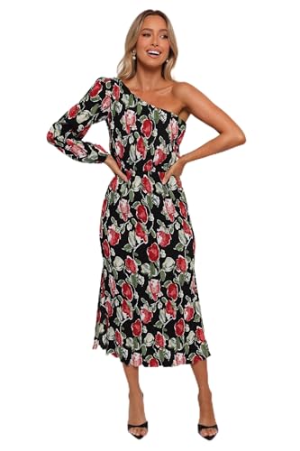 Petal & Pup Pontee-Midikleid für Damen, einschultrig, plissiert, mit schwarzem Rosenmuster Petal & Pup Pontee-Midikleid für Damen, einschultrig, plissiert, mit schwarzem Rosenmuster von Petal & Pup