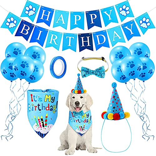 Petalum Geburtstag Tier Set Dekoration Happy Birthday Hund Katze Banner Bandana Hut Party Niedlich Ballon Halskette Krawatte Geschenk (Blau) von Petalum