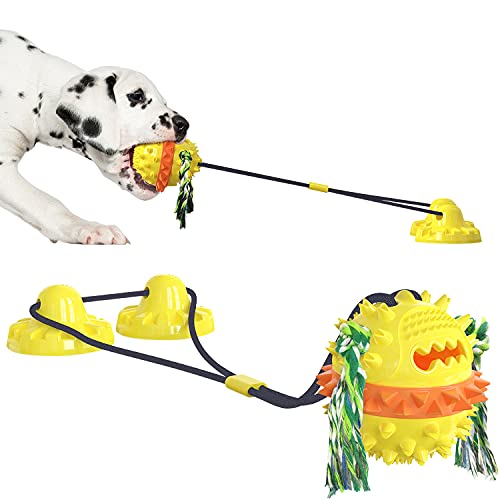 Petalum Hundespielzeug mit Saugnapf, multifunktional, Kauball mit Futterverteilung, interaktives Spielzeug, Molarkugel, Zahnreinigung für Welpen (gelb) von Petalum
