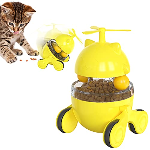 Petalum Katzenspielzeug, Windmühle, interaktiv, lustig, verstellbar, Futterspender für Haustiere, mit drehbarem Tablett + Rollen (Gelb) von Petalum