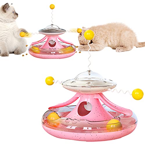 Petalum Spielzeug für Haustiere, Futterspender, interaktives Spielzeug, multifunktional, für Katzen, mit Drehtisch, Feder (Rosa) von Petalum