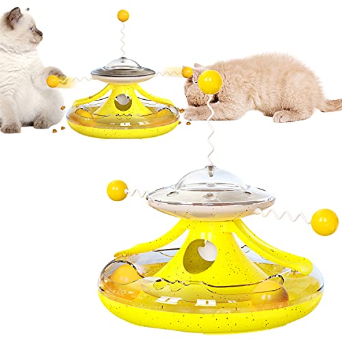 Petalum Spielzeug für Haustiere, Futterspender, interaktives Spielzeug, multifunktional, für Katzen, mit Drehtisch, Feder (gelb) von Petalum