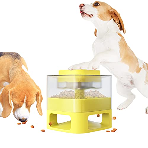 Petalum Spielzeug für Hunde, Futterspender, Trockenfutterspender, interaktiv, multifunktional, Futterbehälter mit transparentem Dachboden, Knopf (gelb) von Petalum