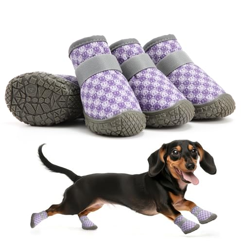 Petanims Kleine Hundeschuhe, atmungsaktive Welpenstiefel und Pfotenschutz für den Winter, Schnee, Sommer, heißer Gehweg, Hundeschuhe mit rutschfester Gummisohle für Hartholzböden, Lila und Weiß, Größe von Petanims