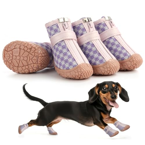 Petanims Kleine Hundeschuhe, wasserdichte Welpenstiefel & Pfotenschutz für den Winter, Schnee, Sommer, heißer Gehweg, Hundeschuhe mit rutschfester Gummisohle für Hartholzböden, Lila und Rosa, Größe 5 von Petanims