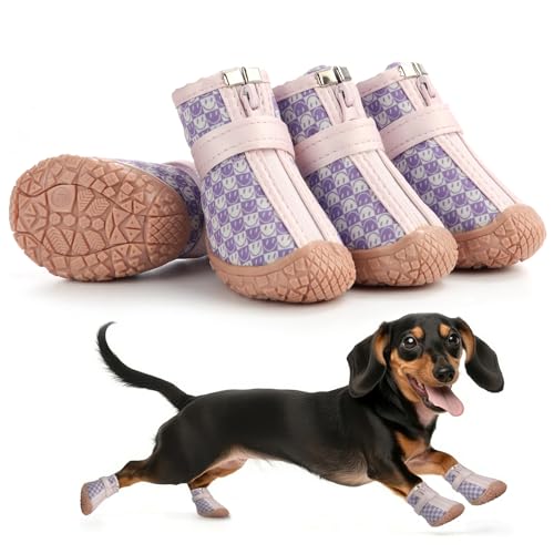 Petanims Kleine Hundeschuhe, wasserdichte Welpenstiefel & Pfotenschutz für den Winter, Schnee, Sommer, heißer Gehweg, Hundeschuhe mit rutschfester Gummisohle für Hartholzböden, Lila und Rosa, Größe 3 von Petanims