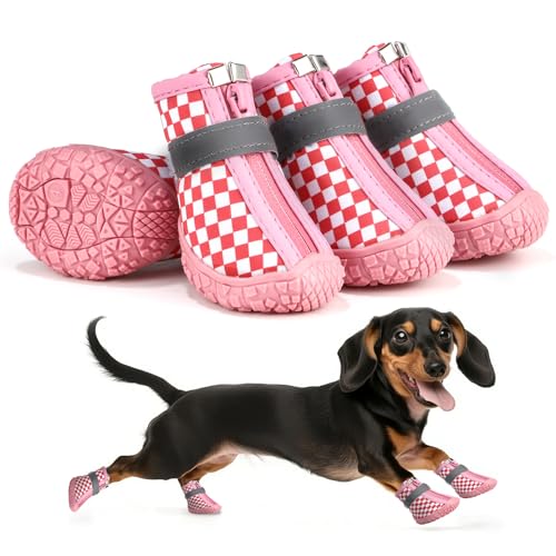 Petanims Kleine Hundeschuhe, wasserdichte Welpenstiefel & Pfotenschutz für den Winter, Schnee, Sommer Hot Pavement, Hundeschuhe mit rutschfester Gummisohle für Hartholzböden, Rot und Weiß, Größe 4 von Petanims