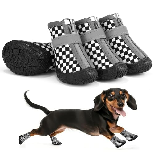 Petanims Kleine Hundeschuhe, wasserdichte Welpenstiefel & Pfotenschutz für den Winter, Schnee, Sommer Hot Pavement, Hundeschuhe mit rutschfester Gummisohle für Hartholzböden, Schwarz und Weiß, Größe 5 von Petanims