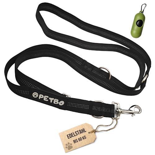 Petbo® Hundeleine 2m verstellbar | Edelstahl | Freihandleine für kleine Hunde & Große Hunde (60 kg) - Reflektierende Umhängeleine 3-Fach verstellbar (1m, 1,25m, 1,75m) von Petbo