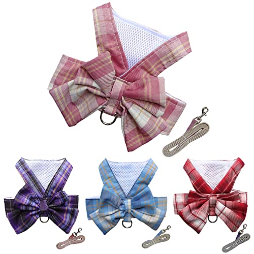 Petbuy Kariertes Hundekleid, Fliege, Geschirr, Leine, Set mit Leinen-Ring für kleine Hunde, Mädchen, Welpen, Prinzessin, Kaninchen, Chihuahua, Yorkies, Haustier-Outfits (Rosa, Größe XXL) von Petbuy