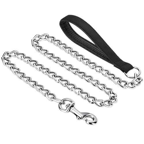 HAPPY HACHI Hundeleine aus Metall, 120cm Hochleistungs Hundekette mit Weichem, Gepolstertem Griff für Große und Mittelgroße Hunde (Schwarz-L) von HAPPY HACHI