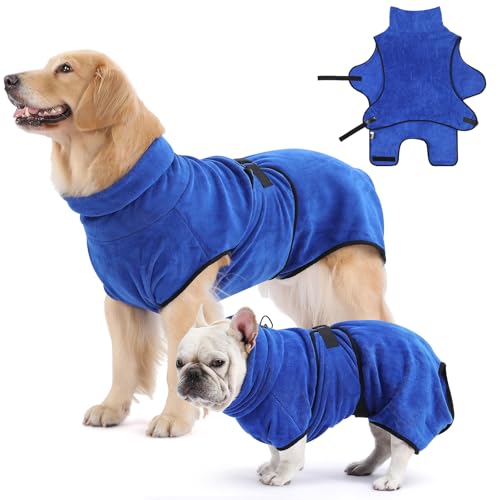 HAPPY HACHI Hunde Bademantel Mikrofaser Badetuch Hundebademantel Waschbare Super Saugfähig Feuchtigkeit Schnell Trocknend Handtuch Strandtuch für Kleine Mittlere und Große Hund Katze (Blau, M) von HAPPY HACHI