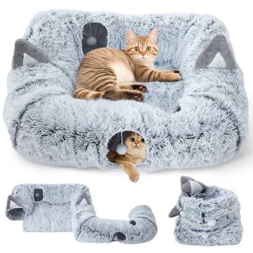 Petcozife Katzentunnel 103x85x25 cm, Katzen Tunnel XXL weiche mit Katzenbett, Großer Katzentunnel mit 4 Eingängen Katzenhöhle von Petcozife