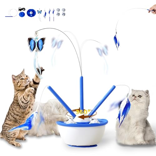 Petcronies Katzenspielzeug 4 in 1 Wiederaufladbares interaktives Kätzchenspielzeug, automatisches selbstspielendes Katzenspielzeug für Erwachsene Hauskatzen, Schmetterlingsstab (Blau) von Petcronies