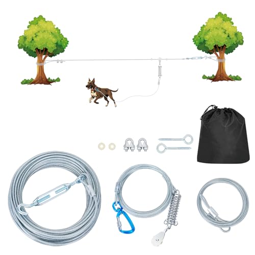 22,9 m langer Hundeläufer für große Hunde, strapazierfähig, mit doppelten Stoßdämpfern, verhedderungsfreies Antennen-Trolley-System für große Hunde bis zu 113 kg (Silber) von Petdream