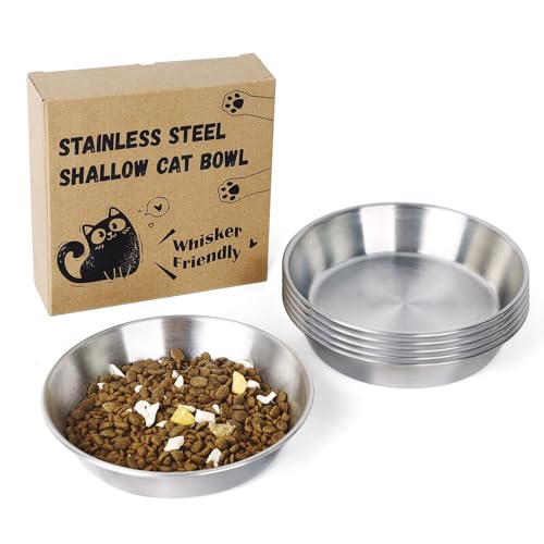 6 x Edelstahl-Katzenfutternäpfe – 15 cm tief, Schnurrhaarfreundliche, rutschfeste Silikonbasis, leicht zu reinigender Futternapf für den Innenbereich (370 ml) von Petdream