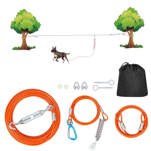Hundeläufer für große Hunde, strapazierfähig, 15 m, mit doppelten Stoßdämpfern, verhedderungsfreies Antennen-Trolley-System für große Hunde bis zu 113 kg, Orange Hundeläufer für große Hunde, strapazierfähig, 15 m, mit doppelten Stoßdämpfern, verhedderungsfreies Antennen-Trolley-System für große Hunde bis zu 113 kg, Orange von Petdream