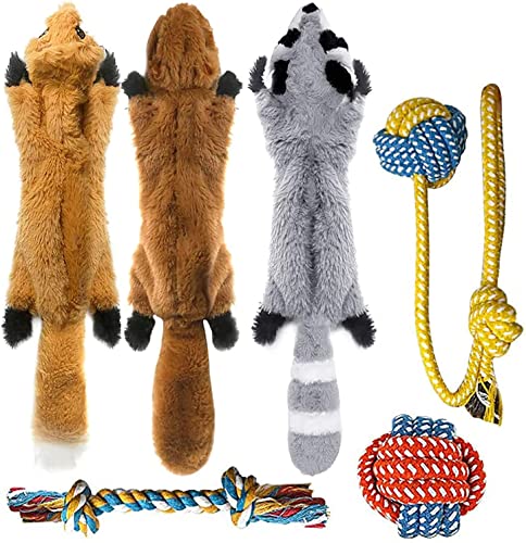Peteast 3 Spielzeug und 3 Seil-Hundespielzeug, Skunk Hundespielzeug, kein Füllen, quietschendes Plüsch, Fuchs, Waschbär, Eichhörnchen, Welpen, Kauseil, Spielzeug-Set für S/M/L Hunde, Haustiere (B) von Peteast