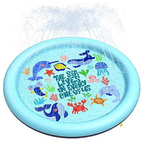 Peteast Hundepool für Große & Kleine Hunde & Kinder 67" Faltbarer Splash Sprinkler Pad, 0.58mm Verdickt Anti-Rutsch Hunde Wasserspielzeug, Umweltfreundlich Langlebig Planschbecken Hund Thema Marine von Peteast