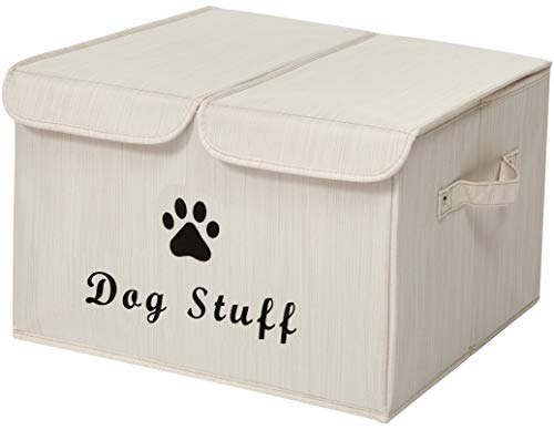 Pethiy Große Leinenstoff Aufbewahrungsbox mit deckel für Hunde Zubehör-Faltbare Doppelgitter Aufbewahrungskorb mit Griffen,für hundespielzeug Hundebekleidung-43 x 31 x 26 cm (BambusBeige) von Pethiy