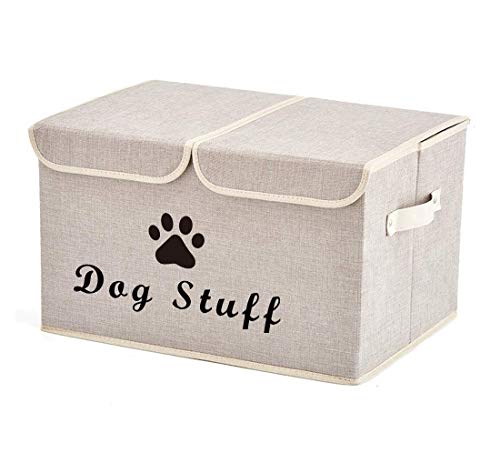 Pethiy Große Leinenstoff Aufbewahrungsbox mit deckel für Hunde Zubehör-Faltbare Doppelgitter Aufbewahrungskorb mit Griffen,für hundespielzeug Hundebekleidung-43 x 31 x 26 cm (Beige) von Pethiy