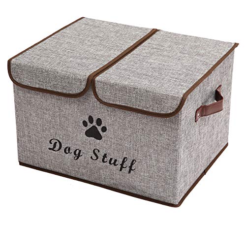 Pethiy Große Leinenstoff Aufbewahrungsbox mit deckel für Hunde Zubehör-Faltbare Doppelgitter Aufbewahrungskorb mit Griffen,für hundespielzeug Hundebekleidung-43 x 31 x 26 cm (Grau) von Pethiy