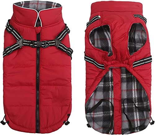 Pethiy -Super Warm Hunde wintermäntel mit Geschirr, Hundejacke mit Innenfleece, Wasserdichte Kleine Hundemantel Winterweste Hundepullover mit Brust gurt fur Haustier -Rot-S von Pethiy