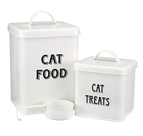 Pethiy Katzenfutter und Katzenleckerli behälter Set mit Schaufel –Beschichteter Kohlenstoffstahl – dicht schließende Deckel – Vorratsdose für Katzen trockenfutter-Weiß von Pethiy