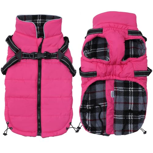 Pethiy -Super Warm Hunde wintermäntel mit Geschirr, Hundejacke mit Innenfleece, Wasserdichte Kleine Hundemantel Winterweste Hundepullover mit Brust gurt fur Haustier -Rosa-XL von Pethiy