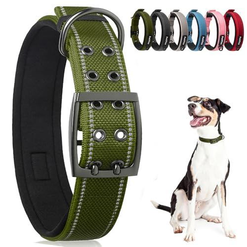PetiFine Hundehalsband für extra große Hunde, Neopren gepolstert und verstellbar, reflektierend, breit, strapazierfähig, Haustierhalsbänder mit robuster Metall-Gürtelschnalle zum Spazierengehen, Grün von PetiFine