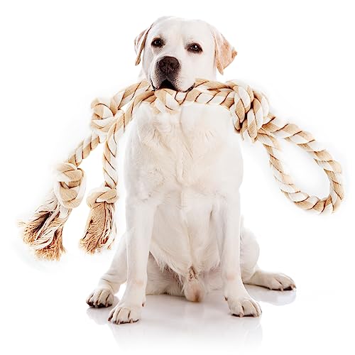PetiFine Hundeseilspielzeug für aggressive Kauer, großes Hundespielzeug für Tauziehen, unzerstörbares natürliches Baumwollseilspielzeug, 73.7 cm Hundespielzeug mit 3 großen Knoten und einem Griff von PetiFine
