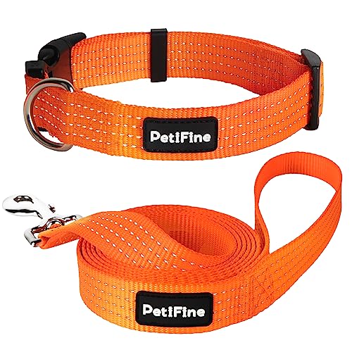 PetiFine Reflektierendes Hundehalsband und Leine, 1.8 m, strapazierfähig, mittelgroße und große Hunde (Leine + Halsband M, orange) von PetiFine