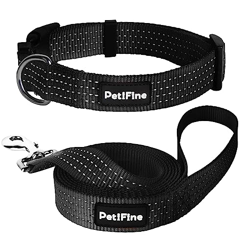 PetiFine Reflektierendes Hundehalsband und Leine, 1.8 m, strapazierfähig, mittelgroße und große Hunde (Leine + Halsband M, schwarz) von PetiFine
