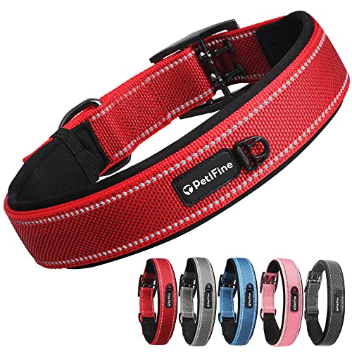 PetiFine Strapazierfähiges Hundehalsband für große/extra große Hunde, gepolsterte, reflektierende Nikel-Schnalle, bequeme Größe für alle Rassen (61 - 71 cm, rot) von PetiFine