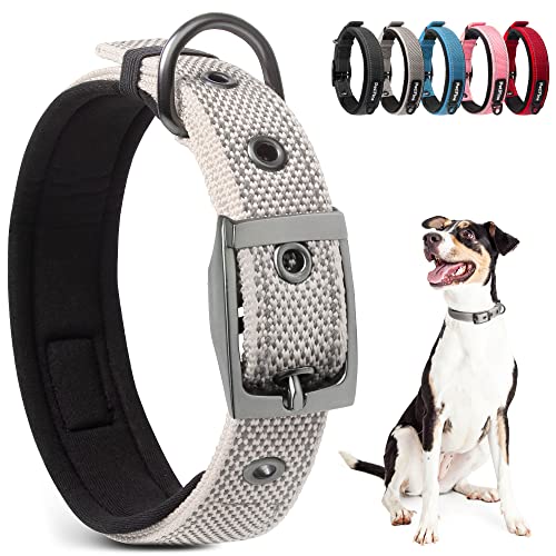 PetiFine Strapazierfähiges Hundehalsband für große Hunde, gepolstert, reflektierend, Nikel-Schnalle, praktische Größe für alle Rassen (48,8 - 58,6 cm, grau) von PetiFine