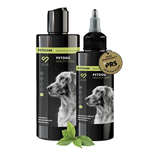 Peticare Anti-Parasiten Set für Hunde | gegen Milben Flöhe Pilze | lindert effektiv Juckreiz & unterstützt Regenerationsprozess | Pflege-Lotion 100 ml & Hunde-Shampoo 250 ml – petDog Set 2135 von Peticare