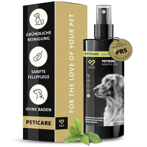 Peticare Natürliches Trocken-Shampoo für Hunde | Stressfreie Reinigung ohne Wasser | bei Schmutz, Gerüchen | Fell-Pflege für alle Fellarten | Mit Argan- & Kokosöl, parabenfrei | petDog Health 2111 von Peticare