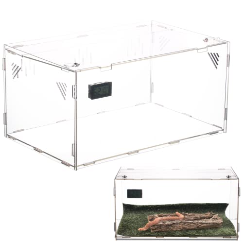 PetierWeit Acryl Terrarium mit Temperatur Hygrometer, Großes Transparent Reptile Fütterungsbox, Tragbarer Reptilien-Zuchtbox für Spinnen, Gecko, Chamäleon, Hamster (39 x 25 x 19 cm) von PetierWeit