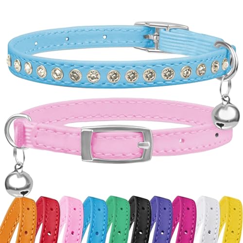 Petinstinct Katzenhalsband mit Glöckchen, Strass-Leder-Katzenhalsband mit Gummiband, verstellbar, glitzernde Diamant-Katzenhalsband für Mädchen, Jungen, Kätzchen, 19,1 cm – 29,2 cm, Rosa und Blau, 2 von Petinstinct