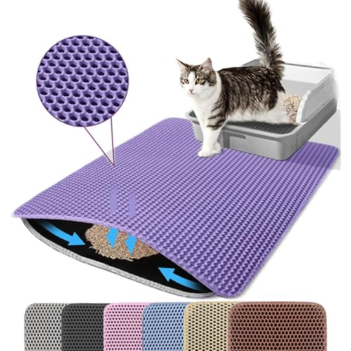 Petinstinct Katzenklo Matte, 75x55cm Extra Große Katzenstreu Matte, Doppelschichtiger Entwurf der Bienenwabe Matte, Wasserdicht und Langlebig, Katzentoilette Unterleger, Purple von Petinstinct
