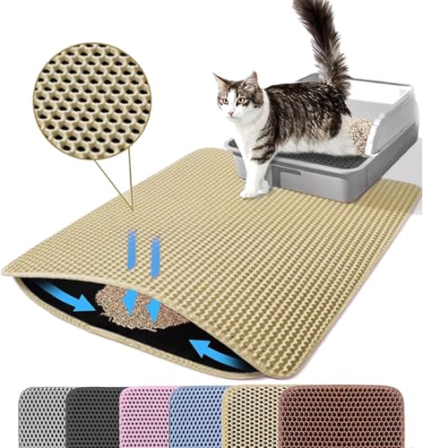 Petinstinct Katzenklo Matte, 60x45cm Große Katzenstreu Matte, Doppelschichtiger Entwurf der Bienenwabe Matte, Wasserdicht und Langlebig, Katzentoilette Unterleger, Khaki Beige von Petinstinct