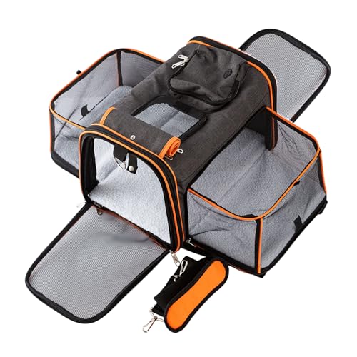 Petinstinct 45x28x28 cm Transporttasche für Katzen und Hunde bis 6kg, Faltbare und Erweiterbare Katzentransportbox, Katzentragetasche mit Verstellbarem Schultergurt, Abnehmbarer Wollmatte von Petinstinct