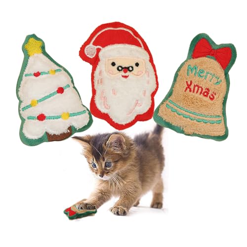 Petiry 3er-Pack Weihnachts-Haustierspielzeug-Set – Katzenminze-gefülltes Katzenspielzeug, Glöckchen-Plüsch, Weihnachtsbaum-Plüsch und Schneemann-Kauspielzeug für Katzen, Kätzchen, Welpen, festliches von Petiry
