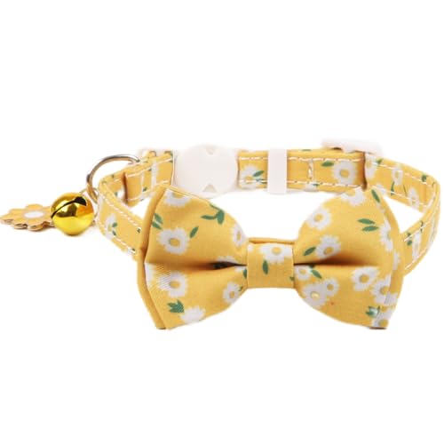 Petiry Charmantes Katzenhalsband mit abnehmbarer Fliege, gelbes Blumenmuster, Kätzchenhalsband mit goldener Glocke und Gänseblümchen-Anhänger, 1 Stück, Gänseblümchengelb von Petiry