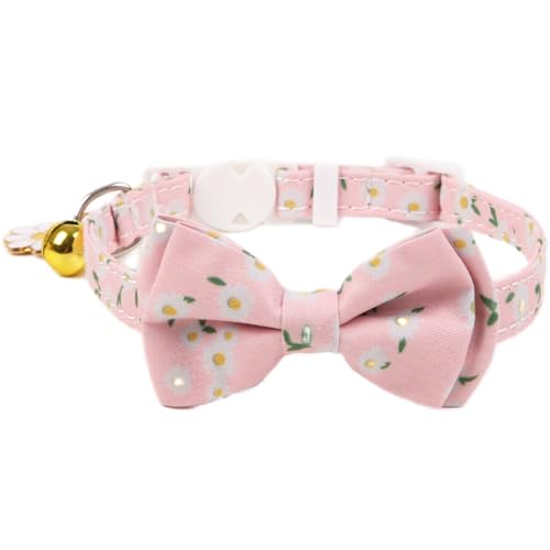 Petiry Charmantes Katzenhalsband mit abnehmbarer Fliege, rosa Blumenmuster, Kätzchenhalsband mit goldener Glocke und Gänseblümchen-Anhänger, 1 Stück, Gänseblümchenrosa von Petiry